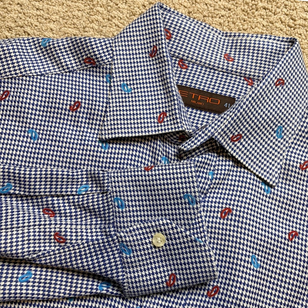Etro Milano Mens Blue Houndstooth Paisley Embroidered Button Down Shirt Size 41
